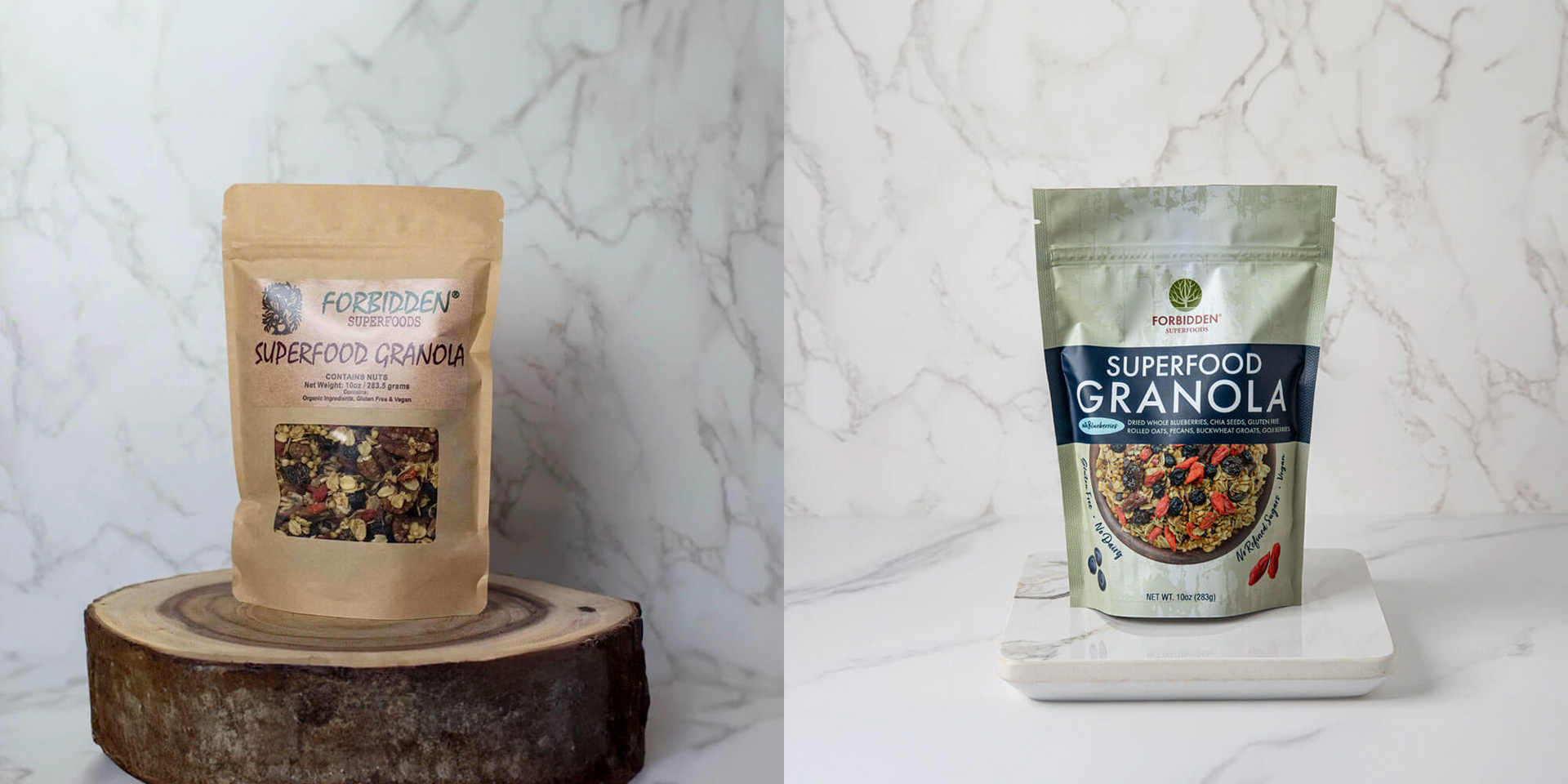 Before and after photo of Forbidden Superfoods Gronal Packaging