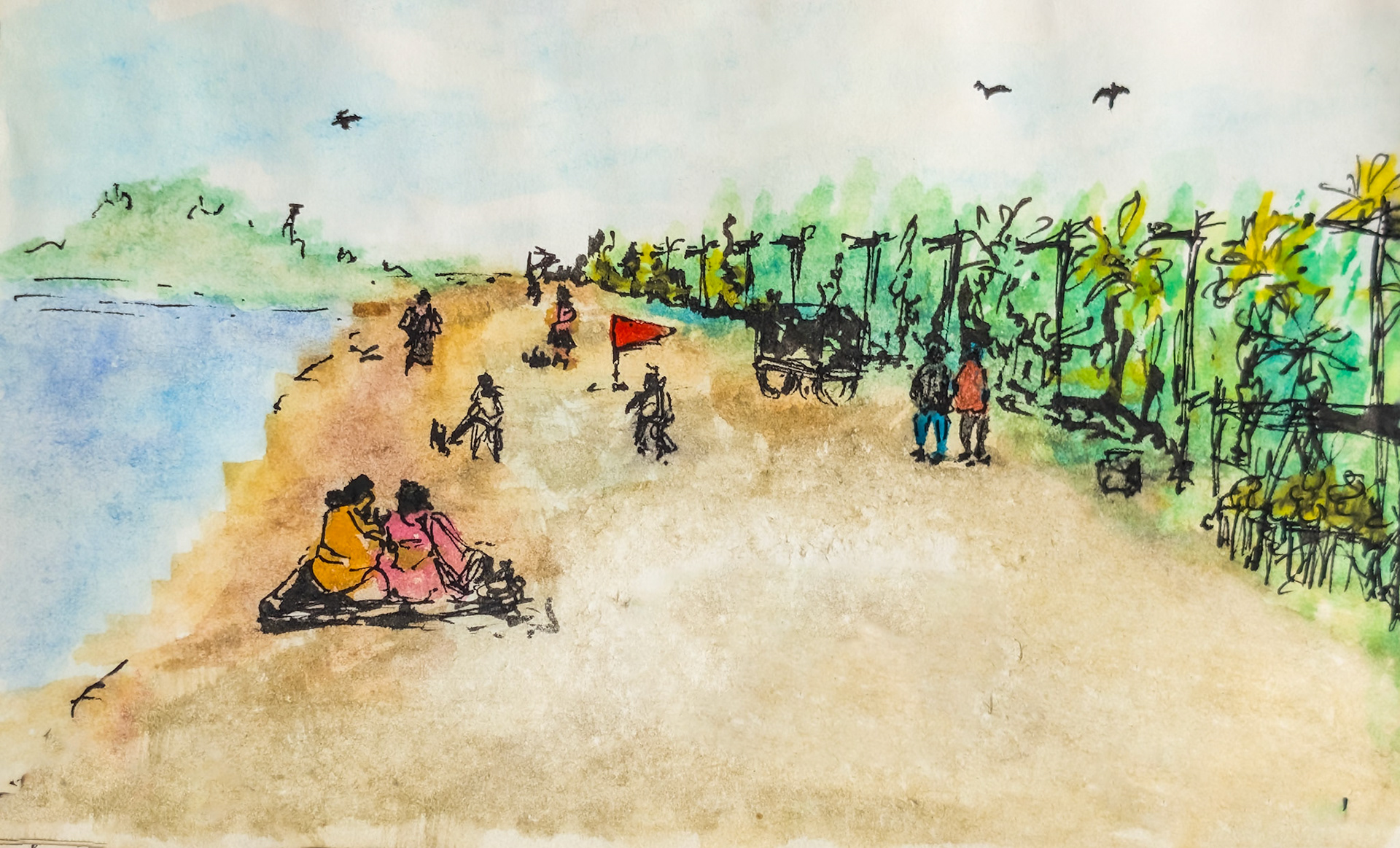 Aksa Beach, Mumbai. Plein air/ at location sketch. Evening walk with mom