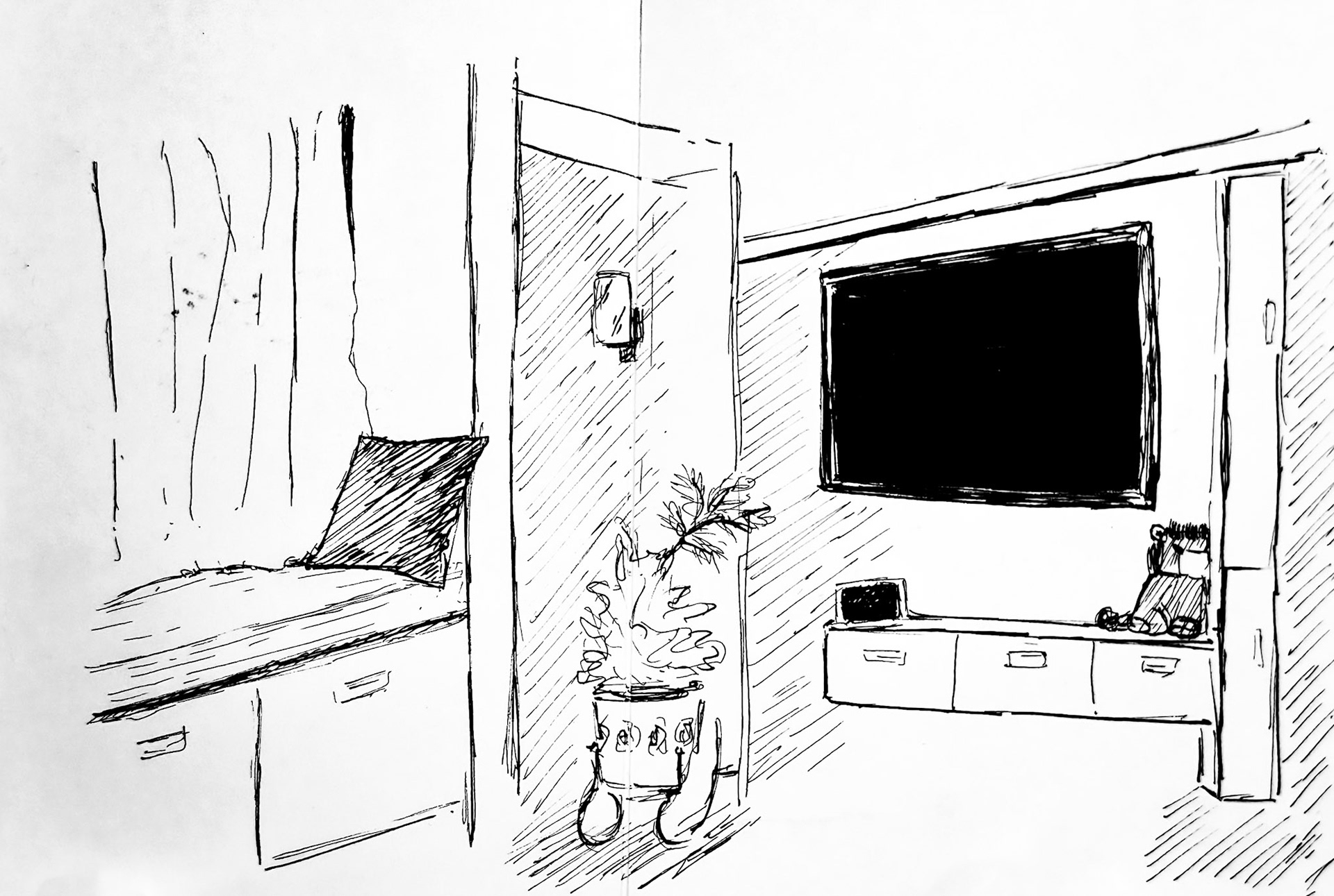 Our living room in India. Plein air/ at location sketch. I reconnected with my house more deeply than imagined.