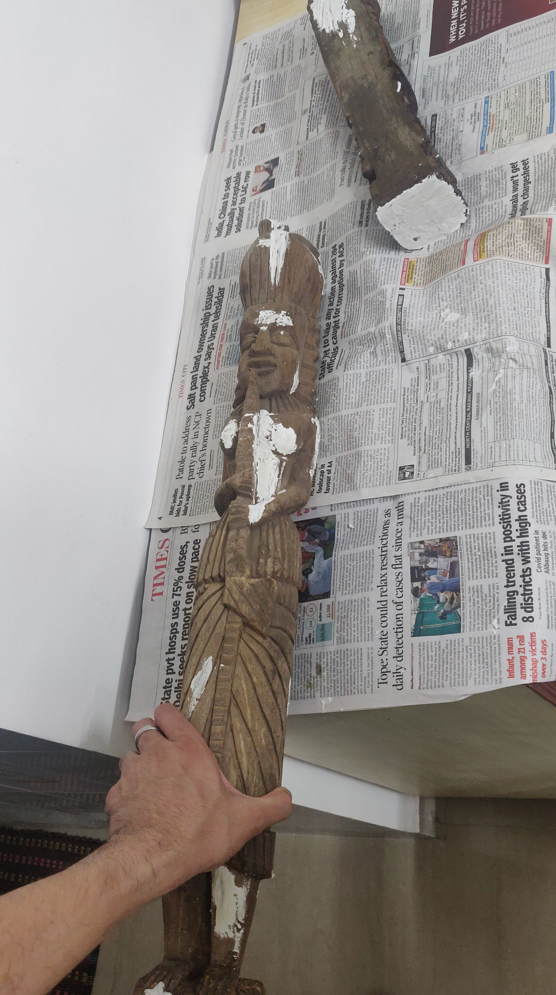 Pre - sanding, POP filling to reshape this forgotten monolithic wooden carving