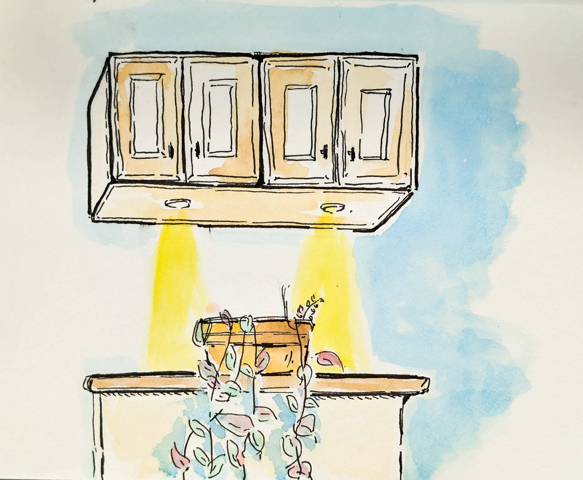 Kitchen. Breakfast Counter. Plants. Quick Sketch/ Plein Air - thrifted bar stools, artistic plants