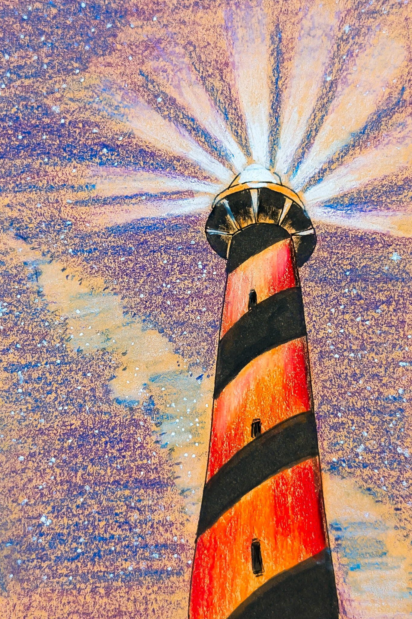 Lighthouse. Outerbanks. North Carolina. Watercolor, Crayons - painted from my husband's click (he is amazing at astrophotography!)