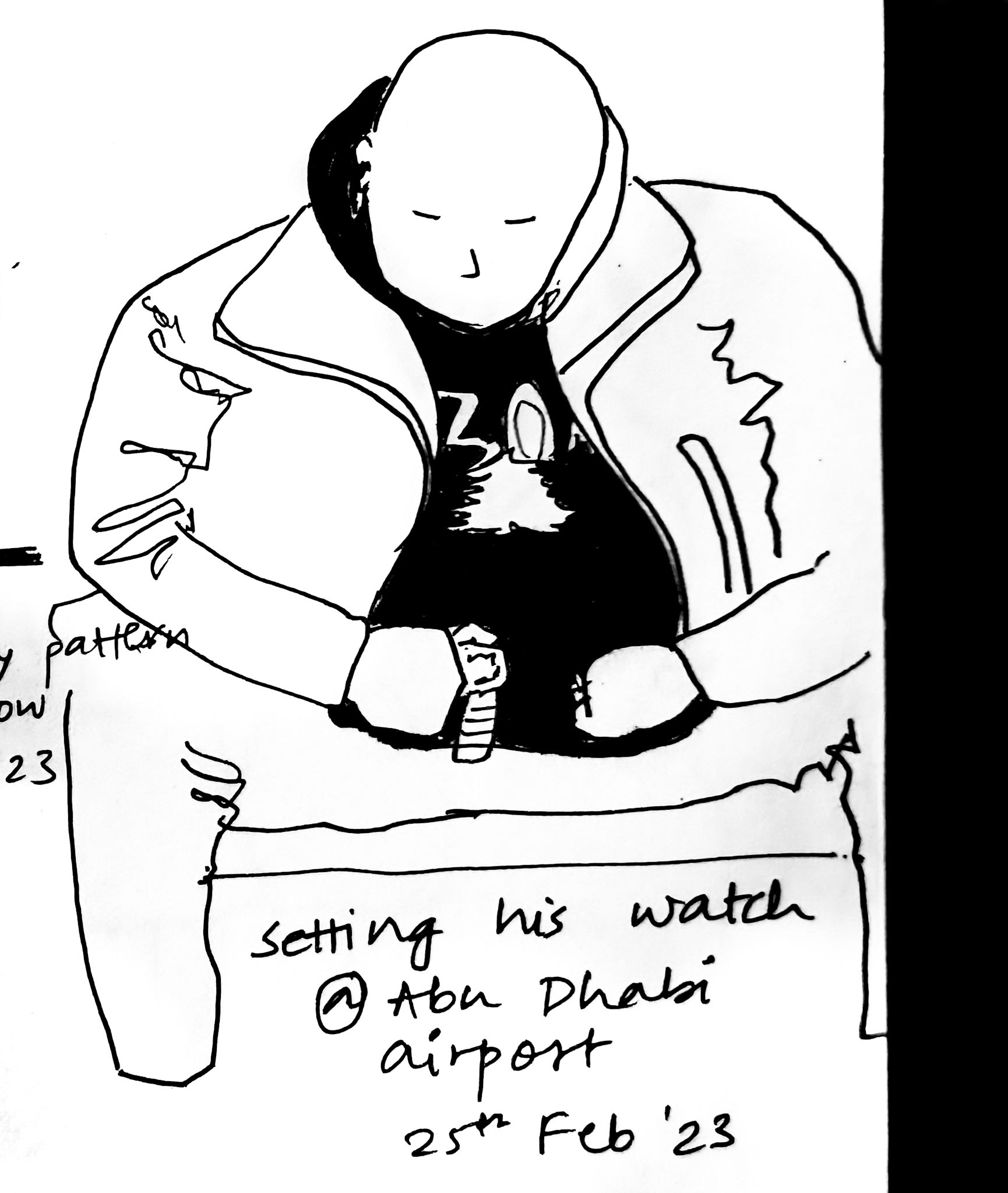 Tick tock tick tock. Quick sketch at the airport. Art = 1, Layover boredom = 0