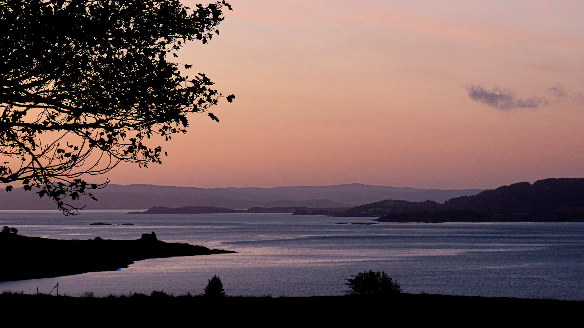 The Sound of Mull and Ardtornish Castle at dawn, looking from Lochaline to the east