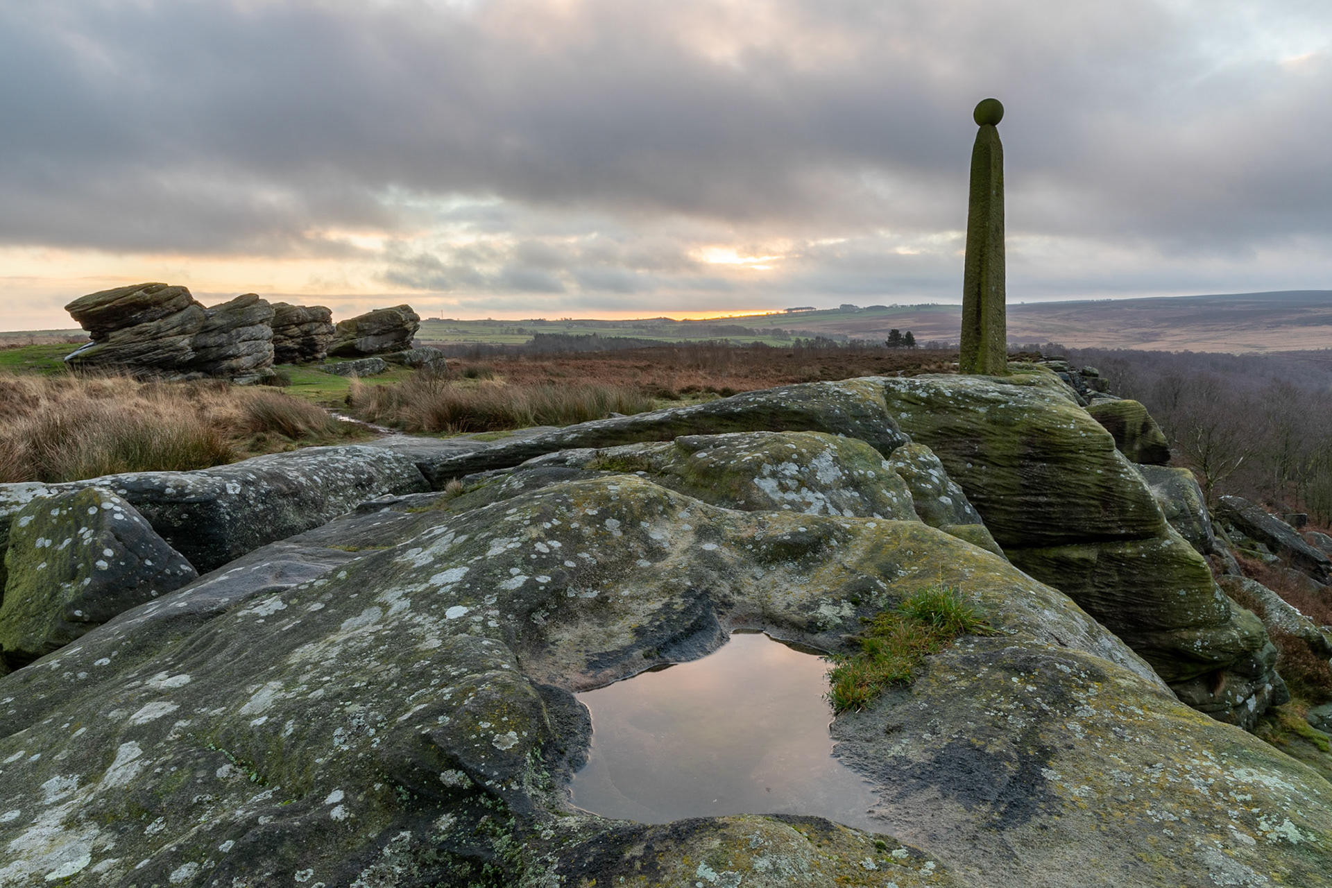 Morning view at Birchen Edge with the Three Ships and Nelson's Monument