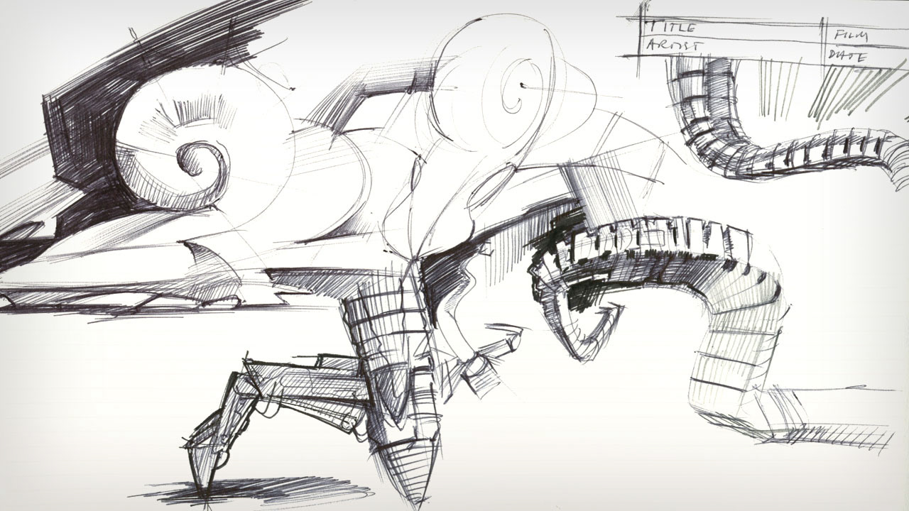 Abstract mechanical drawing after seeing articulated tentacles in a film.