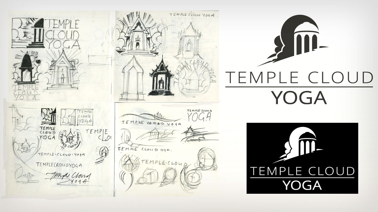 Design development and the finished logo for a yoga teacher's graphic identity.