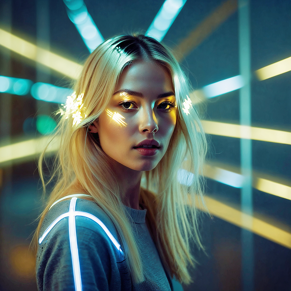 Portrait of a woman in the digital age, her identity augmented by luminous interfaces projected onto her skin and clothing created with artificial intelligence.