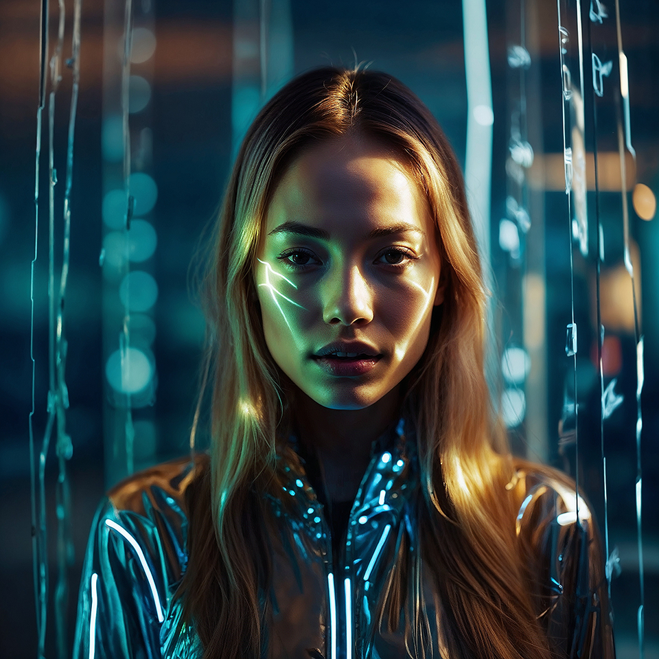 A woman's face merging with technology, her features redrawn by the light of a digital world created with artificial intelligence.
