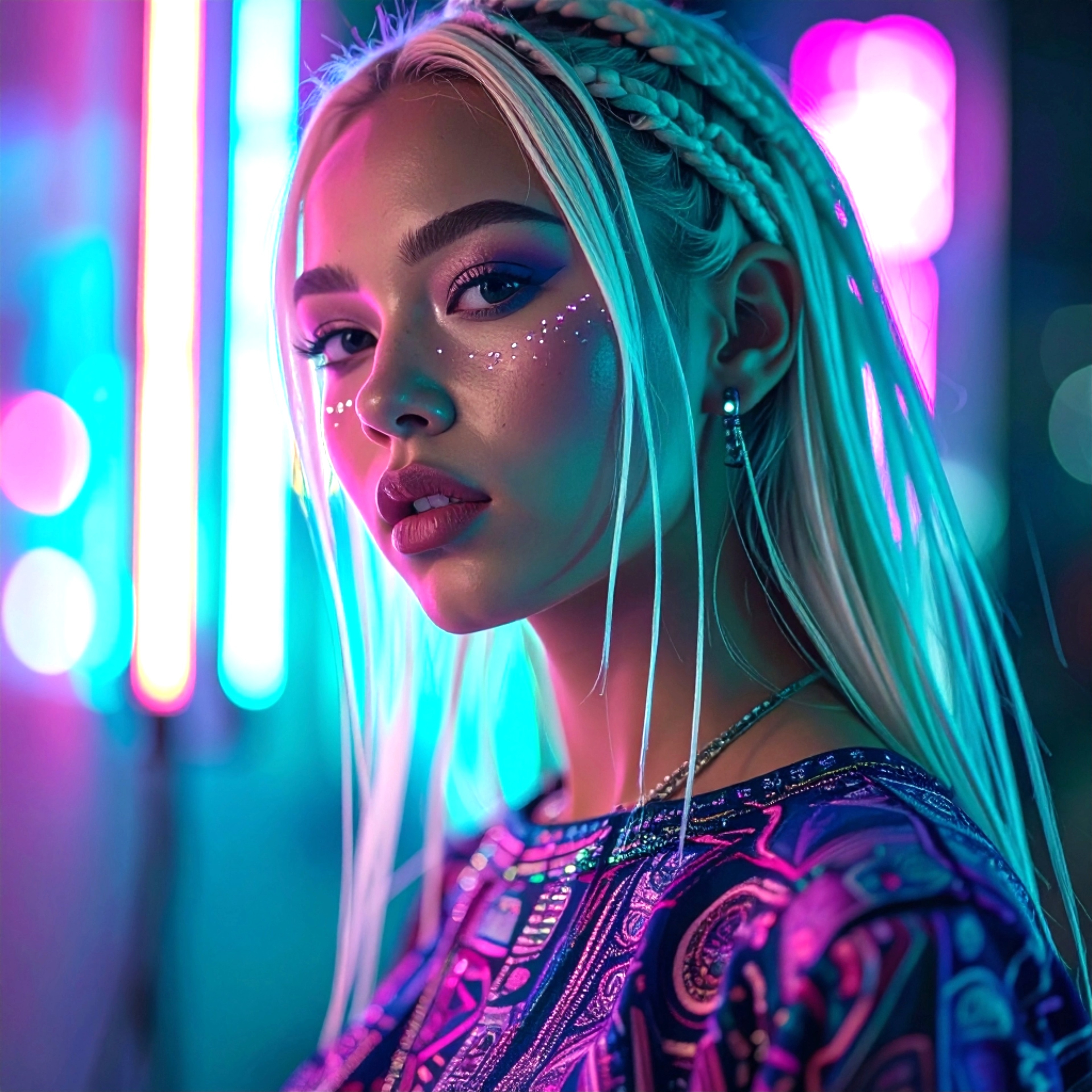 Intense gaze captured in a neon light bath, creating a vibrant, modern, and electric atmosphere created with artificial intelligence.