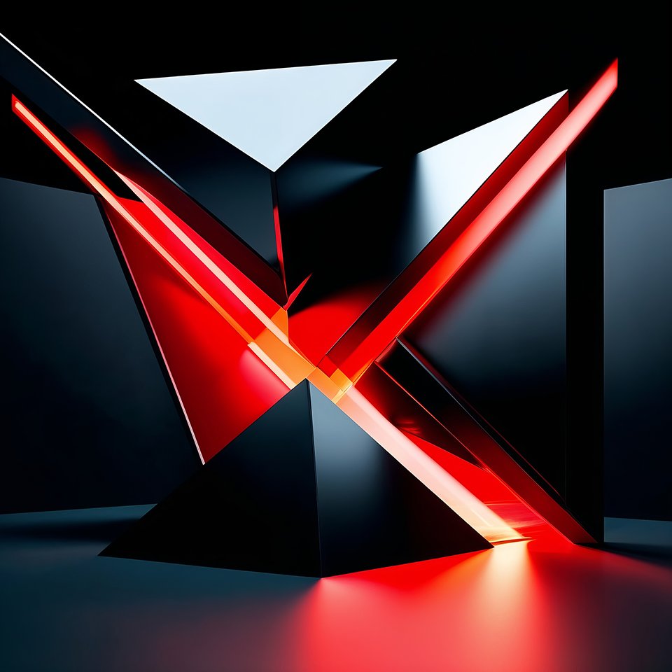 An architectural structure where the raw power of red light fractures black solids, symbolizing energy, disruption, and innovation created with artificial intelligence.