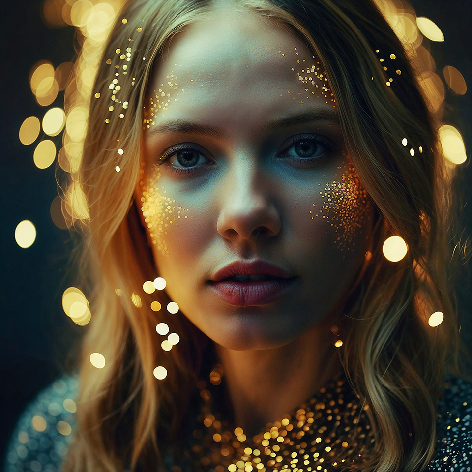 Portrait of a modern nymph or goddess, her body adorned with gold and light like a living constellation created with artificial intelligence.
