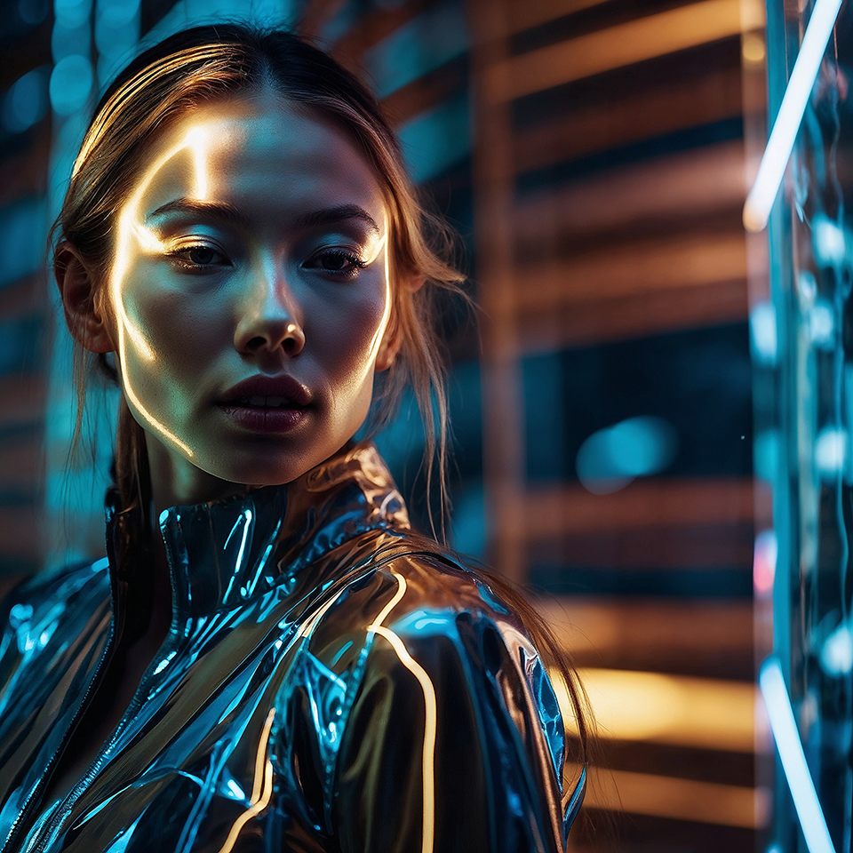 A woman's face merging with technology, her features redrawn by the light of a digital world created with artificial intelligence.