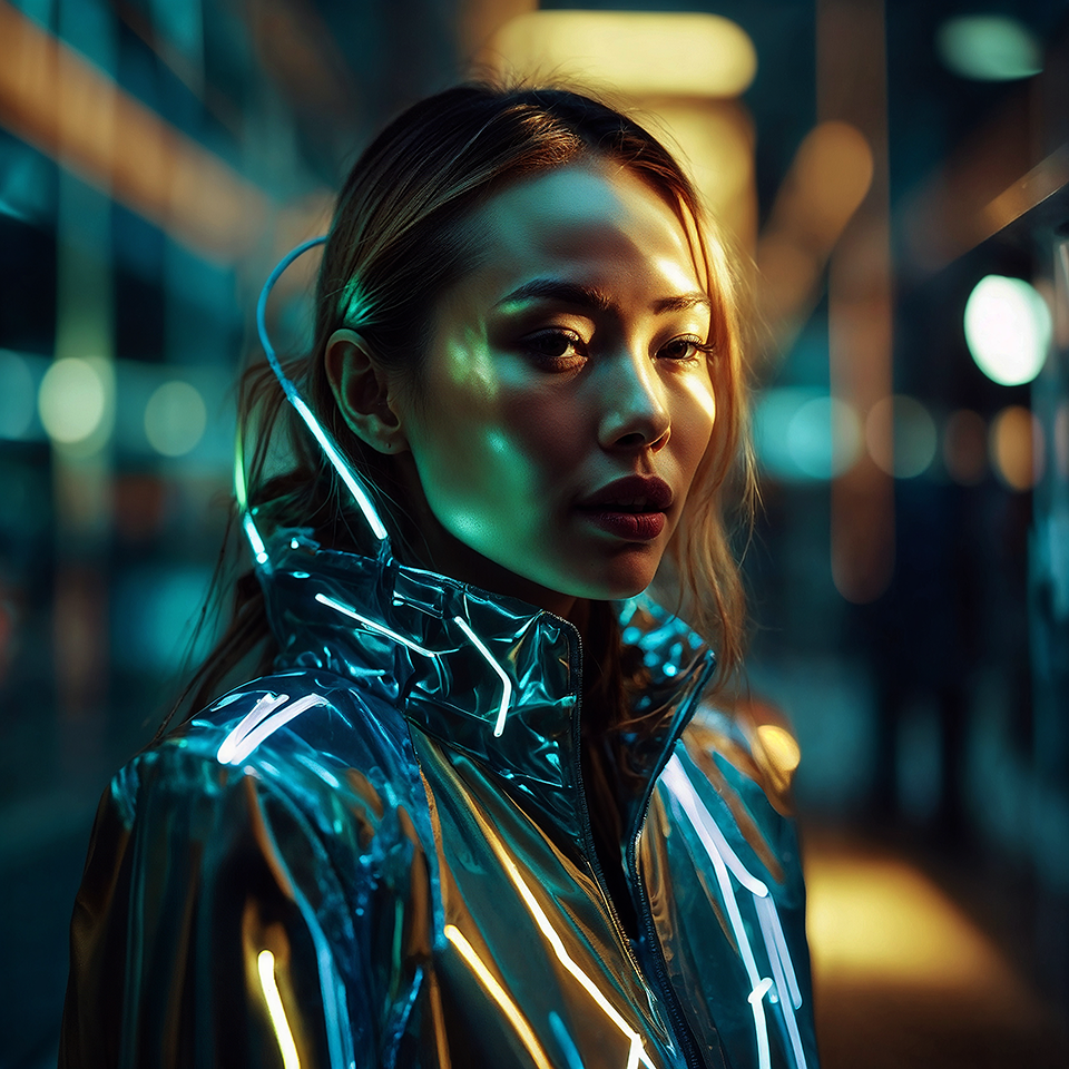 A woman's face merging with technology, her features redrawn by the light of a digital world created with artificial intelligence.