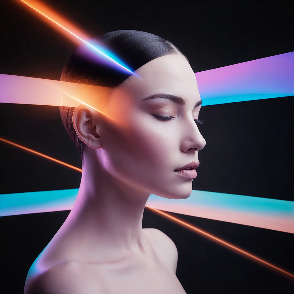 A portrait where serene beauty meets the energy of light. A conceptual vision of technology and humanity created with artificial intelligence