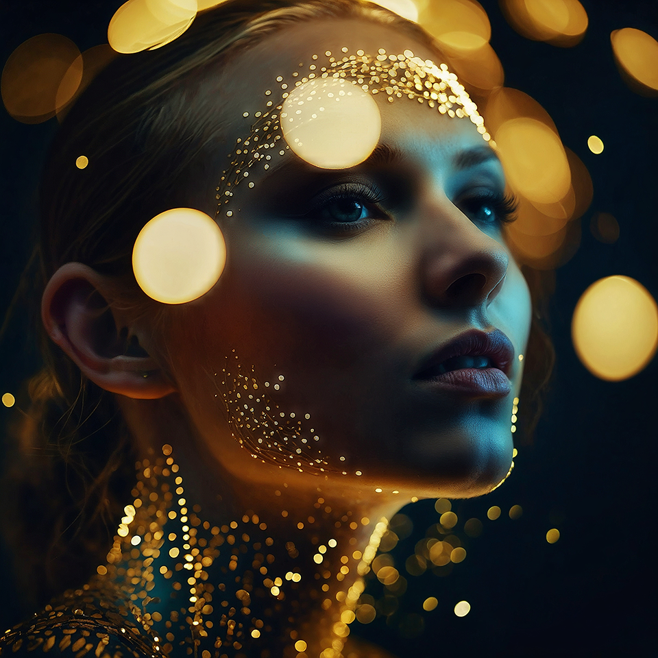 Portrait of a modern nymph or goddess, her body adorned with gold and light like a living constellation created with artificial intelligence.