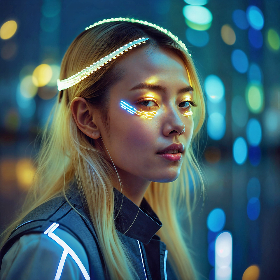 Portrait of a woman in the digital age, her identity augmented by luminous interfaces projected onto her skin and clothing created with artificial intelligence.