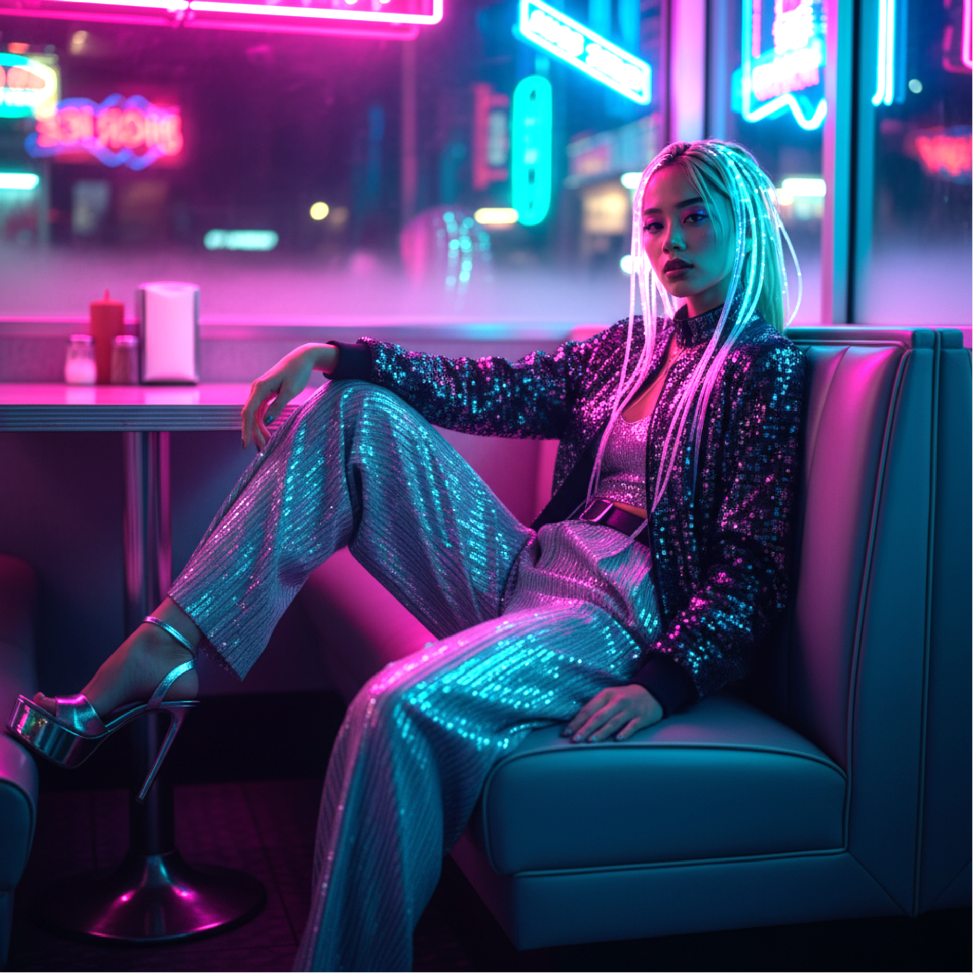 Intense gaze captured in a neon light bath, creating a vibrant, modern, and electric atmosphere created with artificial intelligence.