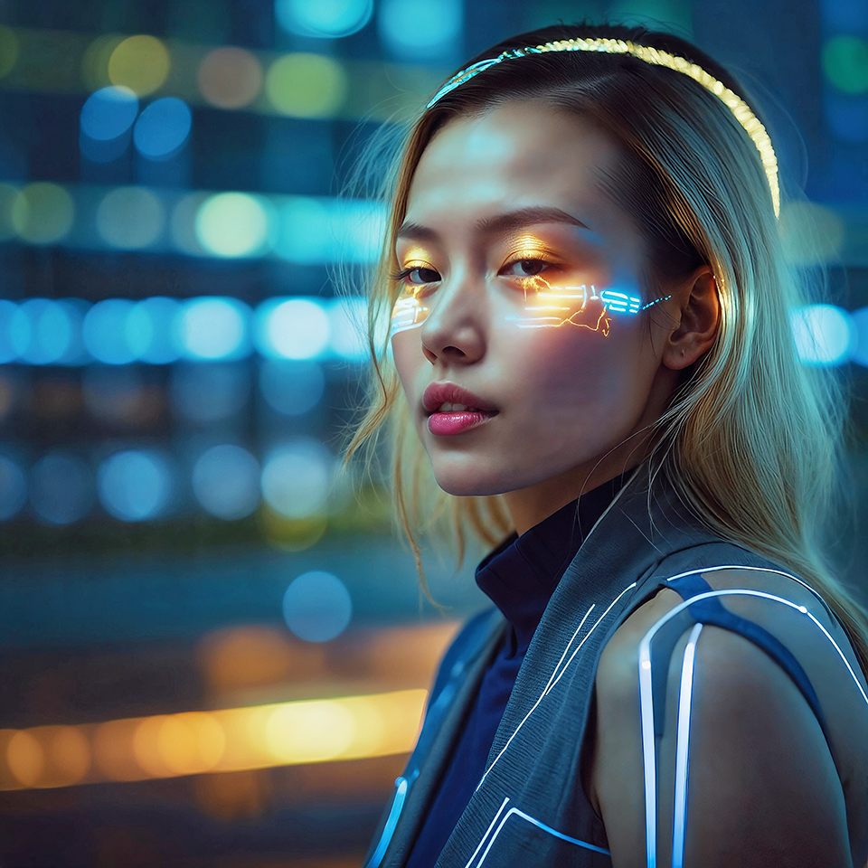Portrait of a woman in the digital age, her identity augmented by luminous interfaces projected onto her skin and clothing created with artificial intelligence.