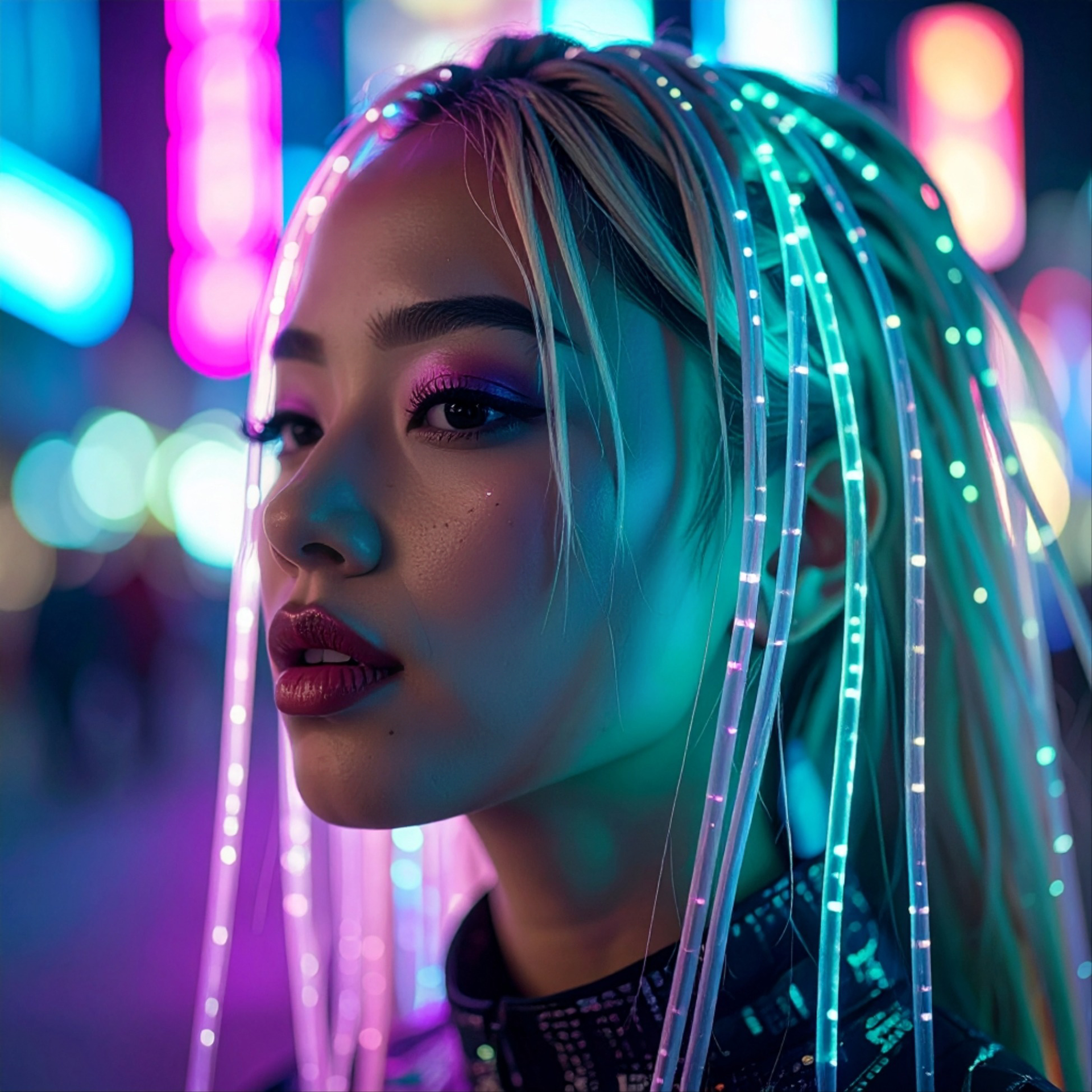 Intense gaze captured in a neon light bath, creating a vibrant, modern, and electric atmosphere created with artificial intelligence.