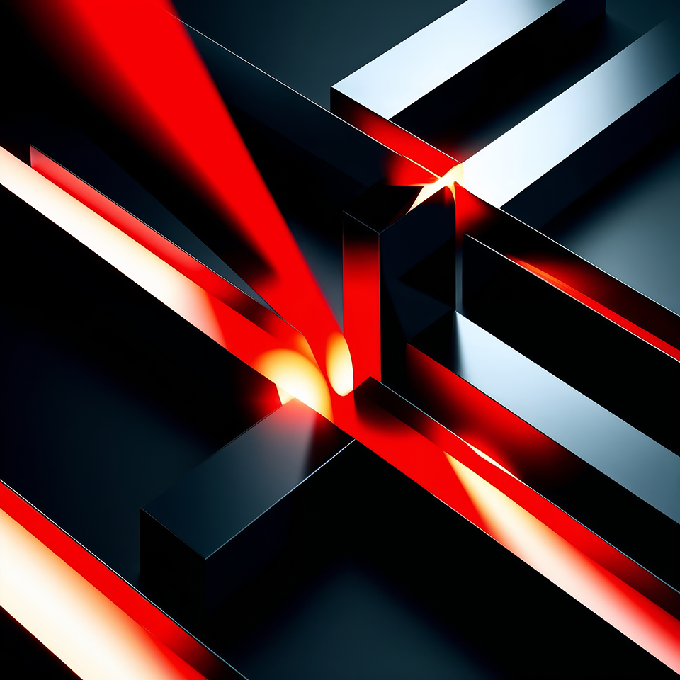 An architectural structure where the raw power of red light fractures black solids, symbolizing energy, disruption, and innovation created with artificial intelligence.