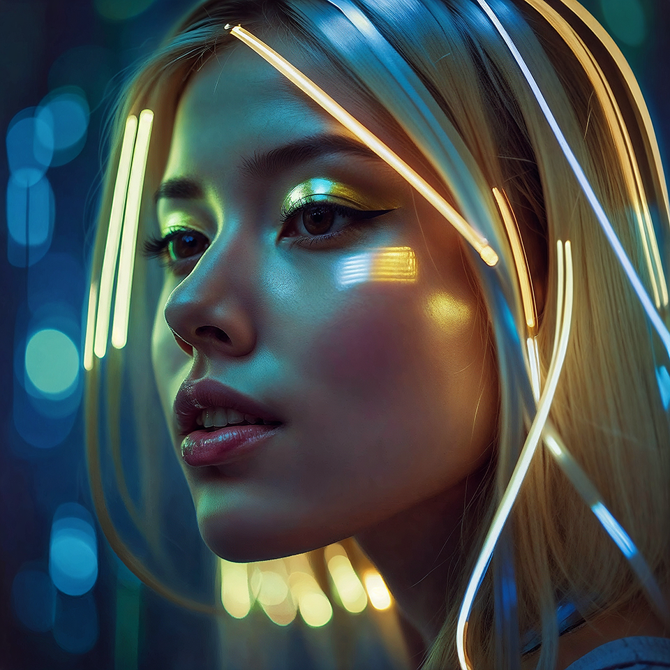 Portrait of a woman in the digital age, her identity augmented by luminous interfaces projected onto her skin and clothing created with artificial intelligence.