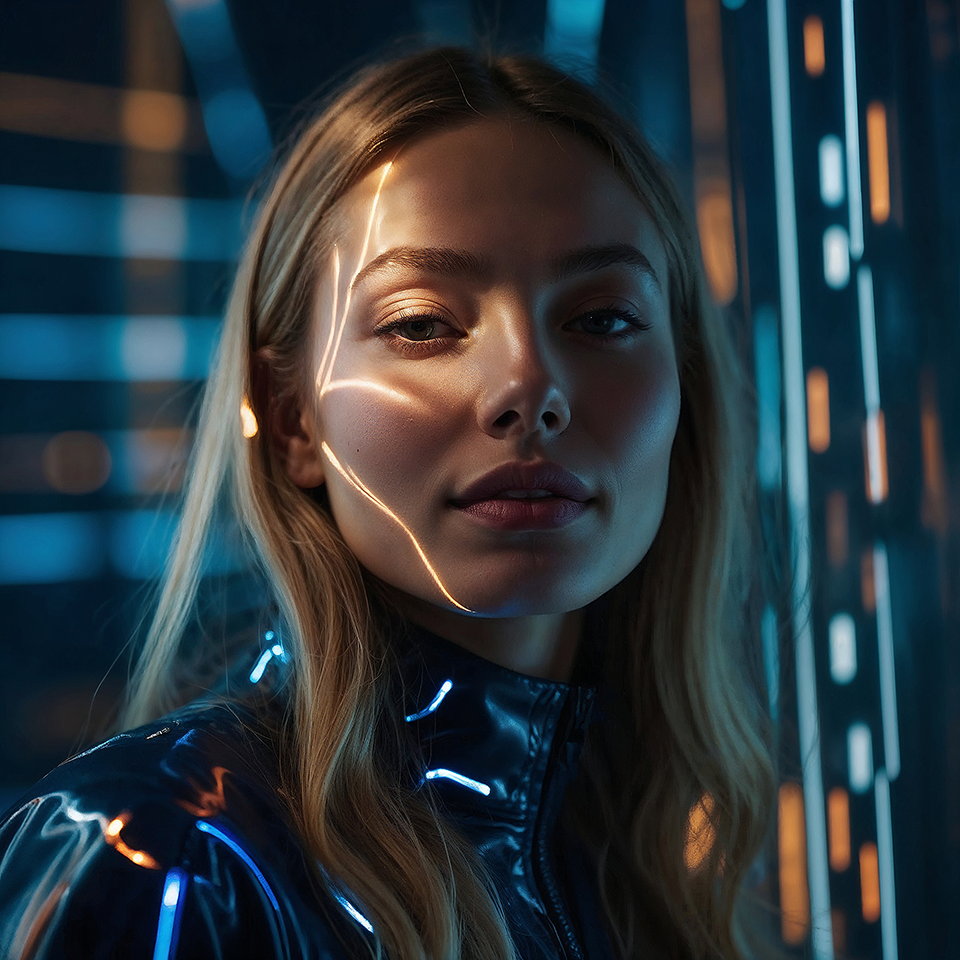 A woman's face merging with technology, her features redrawn by the light of a digital world created with artificial intelligence.