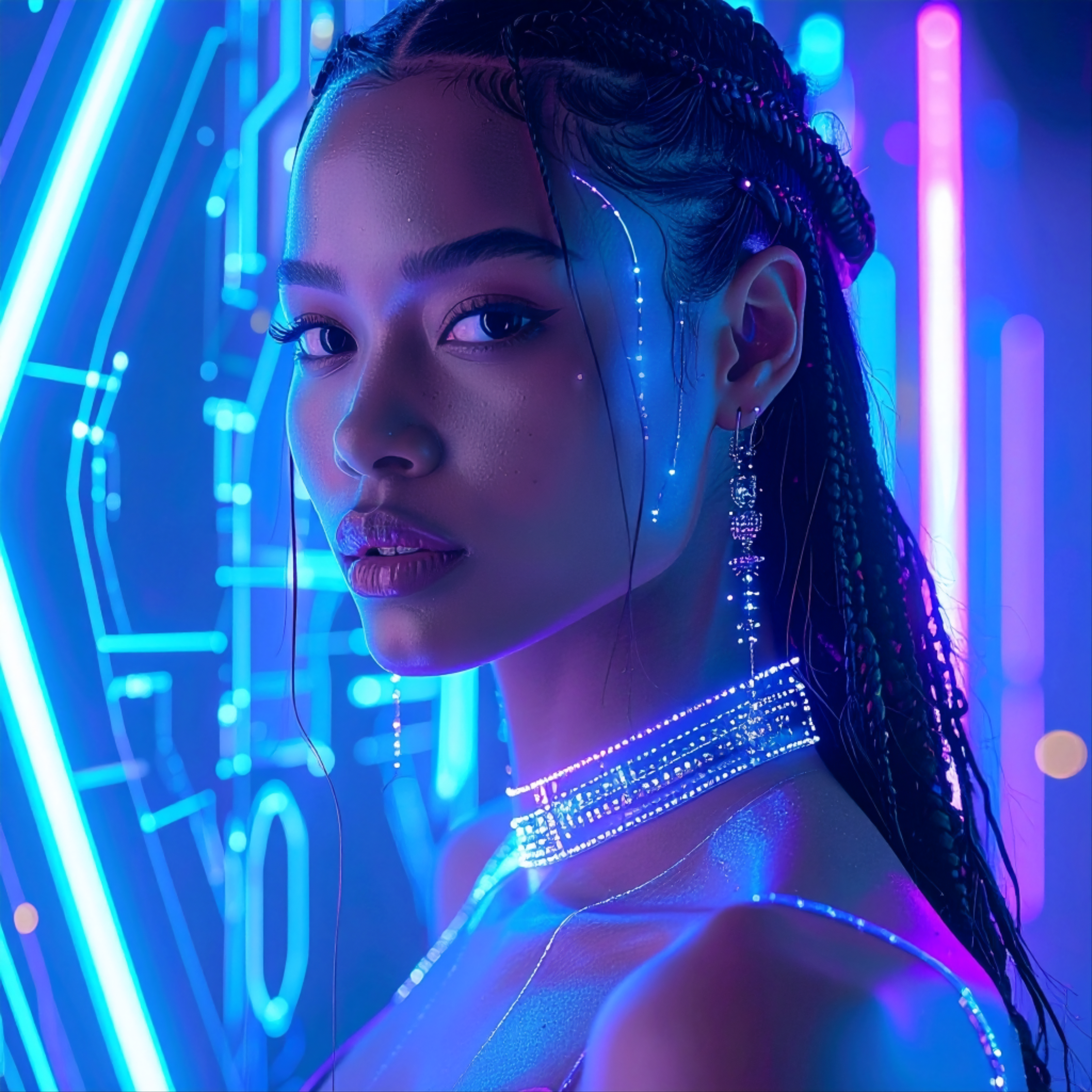 Modern Urania: a muse of digital astronomy, whose beauty is enhanced by constellations of light and technological gems created with artificial intelligence.