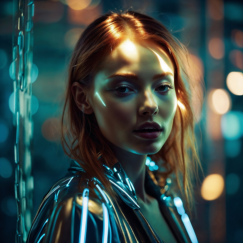 A woman's face merging with technology, her features redrawn by the light of a digital world created with artificial intelligence.