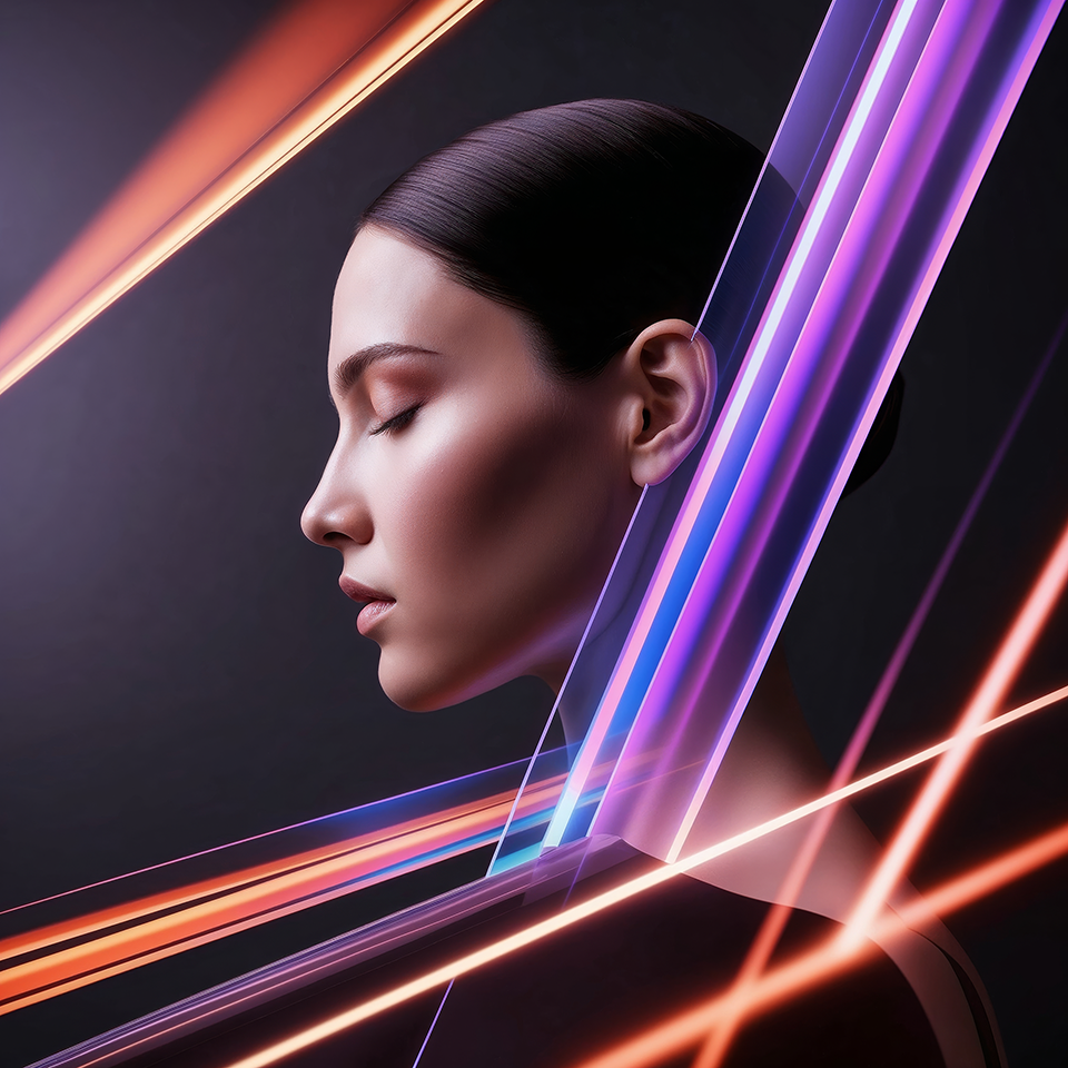 A portrait where serene beauty meets the energy of light. A conceptual vision of technology and humanity created with artificial intelligence