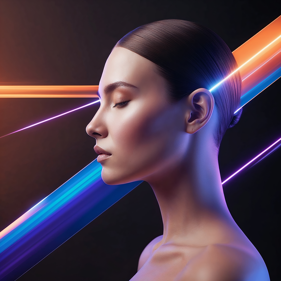 A portrait where serene beauty meets the energy of light. A conceptual vision of technology and humanity created with artificial intelligence