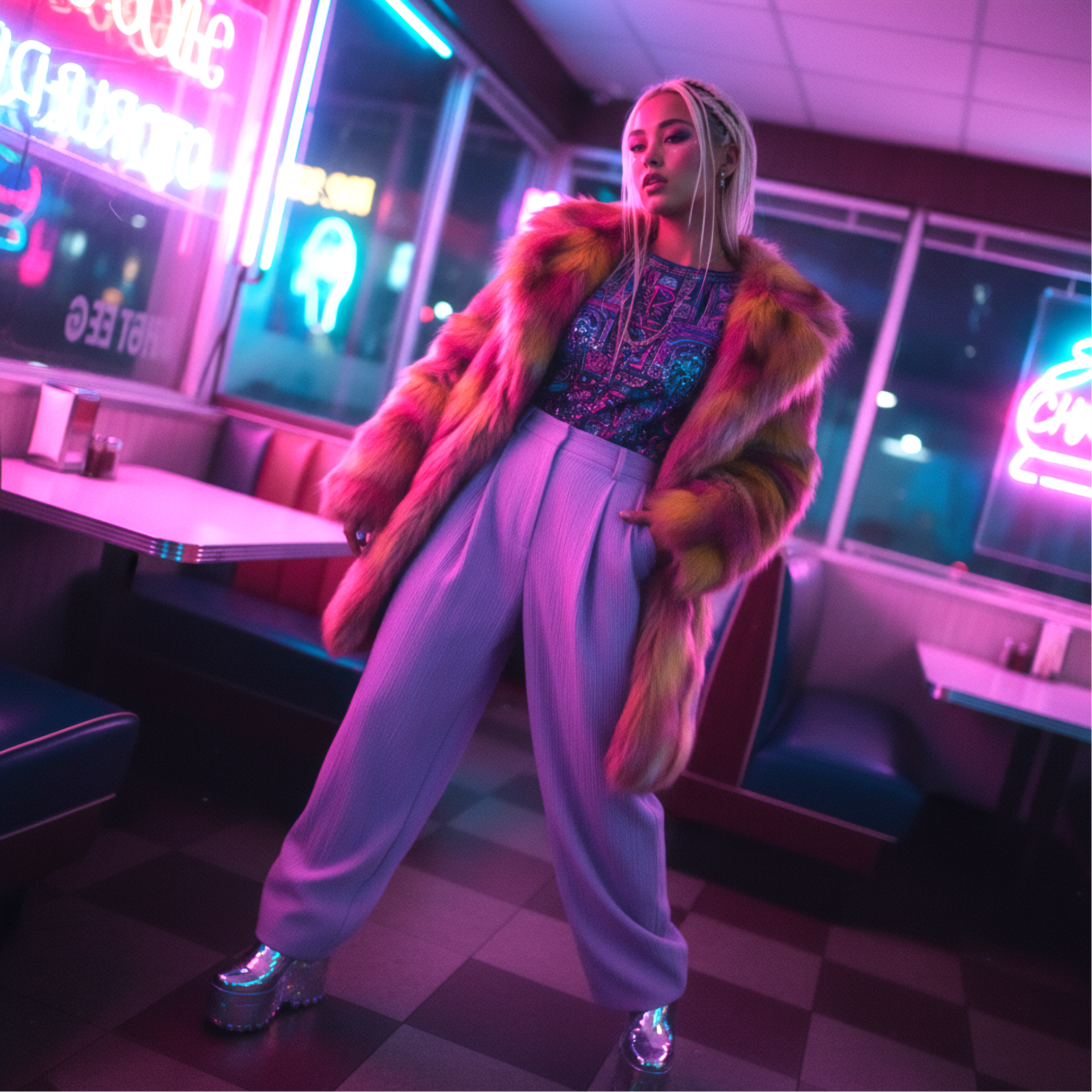 Intense gaze captured in a neon light bath, creating a vibrant, modern, and electric atmosphere created with artificial intelligence.