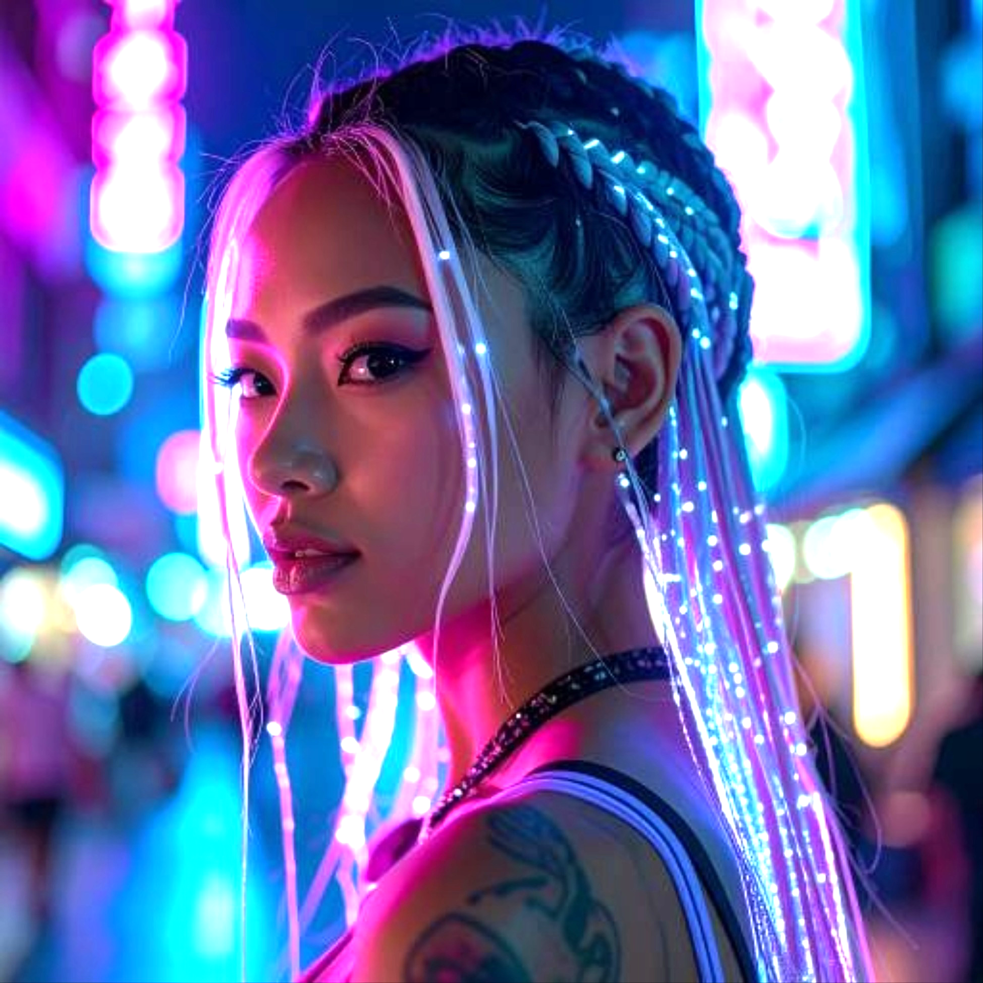 Intense gaze captured in a neon light bath, creating a vibrant, modern, and electric atmosphere created with artificial intelligence.