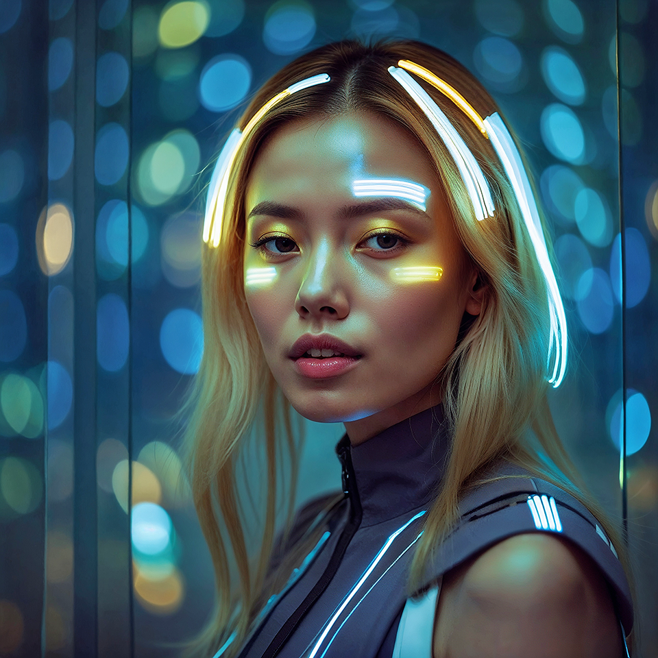 Portrait of a woman in the digital age, her identity augmented by luminous interfaces projected onto her skin and clothing created with artificial intelligence.