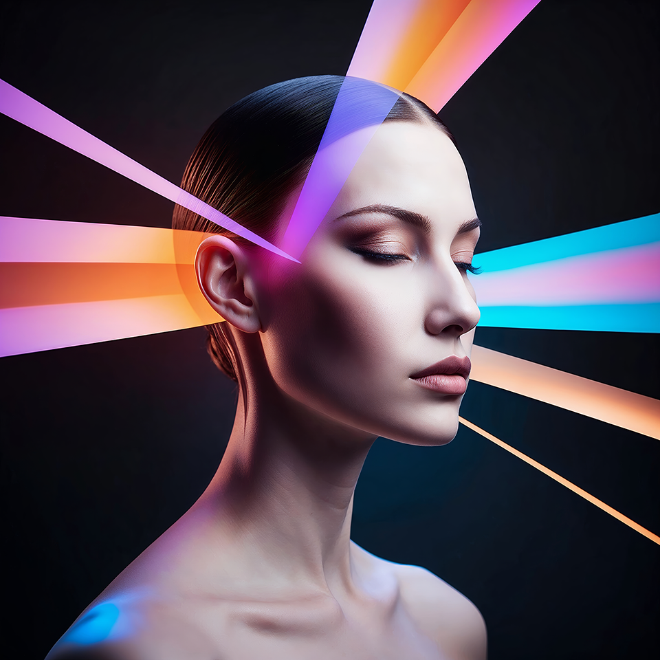 A portrait where serene beauty meets the energy of light. A conceptual vision of technology and humanity created with artificial intelligence