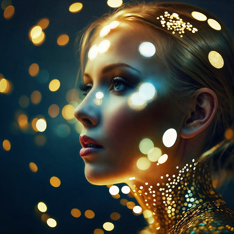 Portrait of a modern nymph or goddess, her body adorned with gold and light like a living constellation created with artificial intelligence.