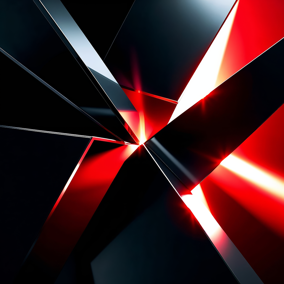An architectural structure where the raw power of red light fractures black solids, symbolizing energy, disruption, and innovation created with artificial intelligence.