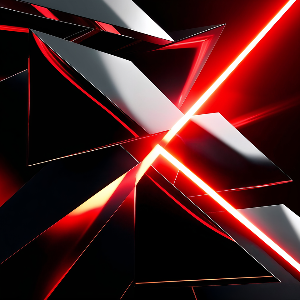 An architectural structure where the raw power of red light fractures black solids, symbolizing energy, disruption, and innovation created with artificial intelligence.