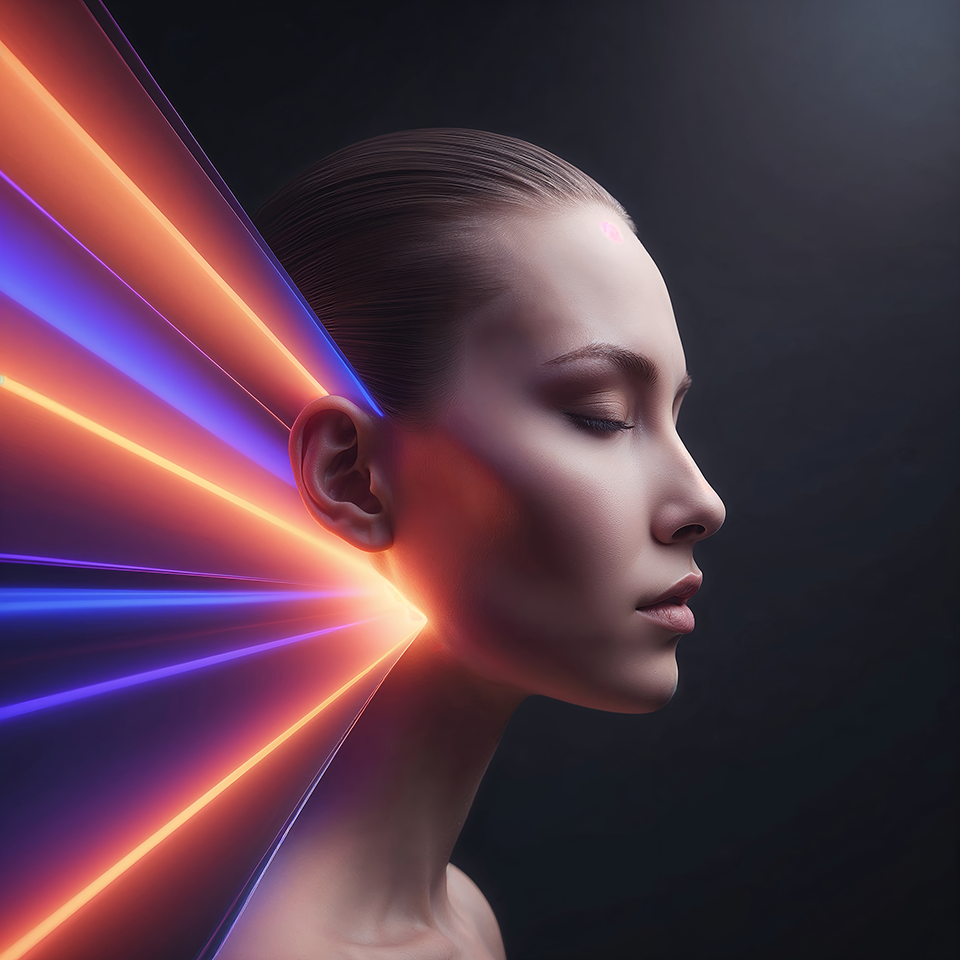A portrait where serene beauty meets the energy of light. A conceptual vision of technology and humanity created with artificial intelligence