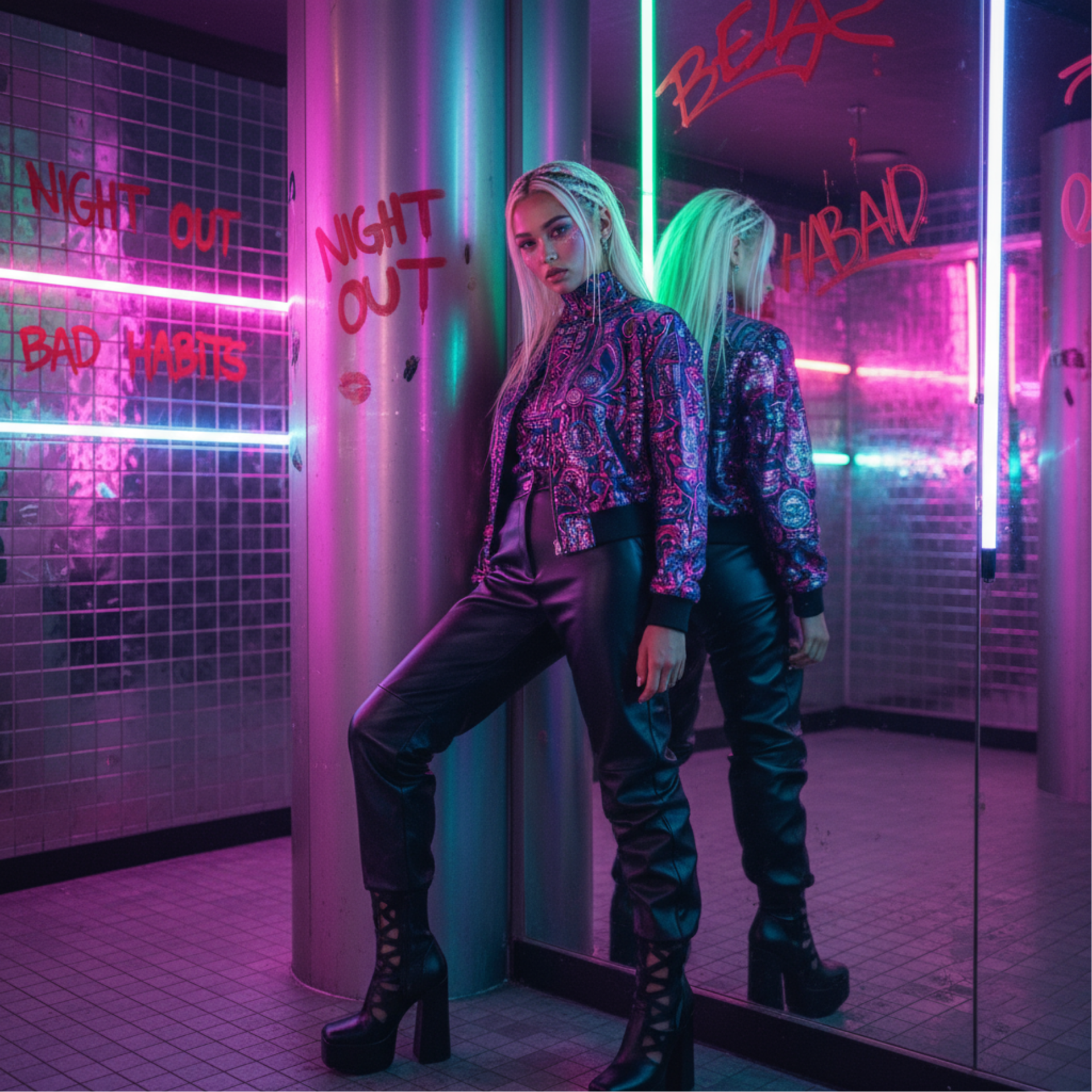 Intense gaze captured in a neon light bath, creating a vibrant, modern, and electric atmosphere created with artificial intelligence.