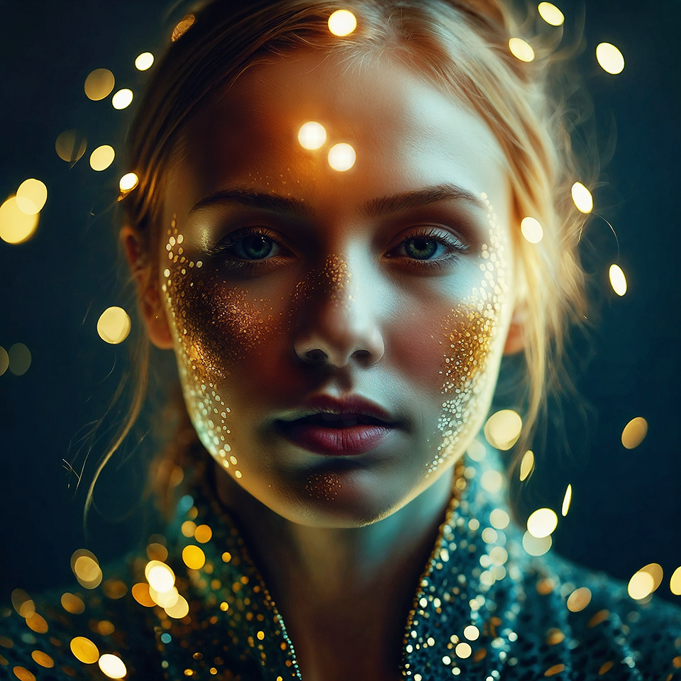 Portrait of a modern nymph or goddess, her body adorned with gold and light like a living constellation created with artificial intelligence.