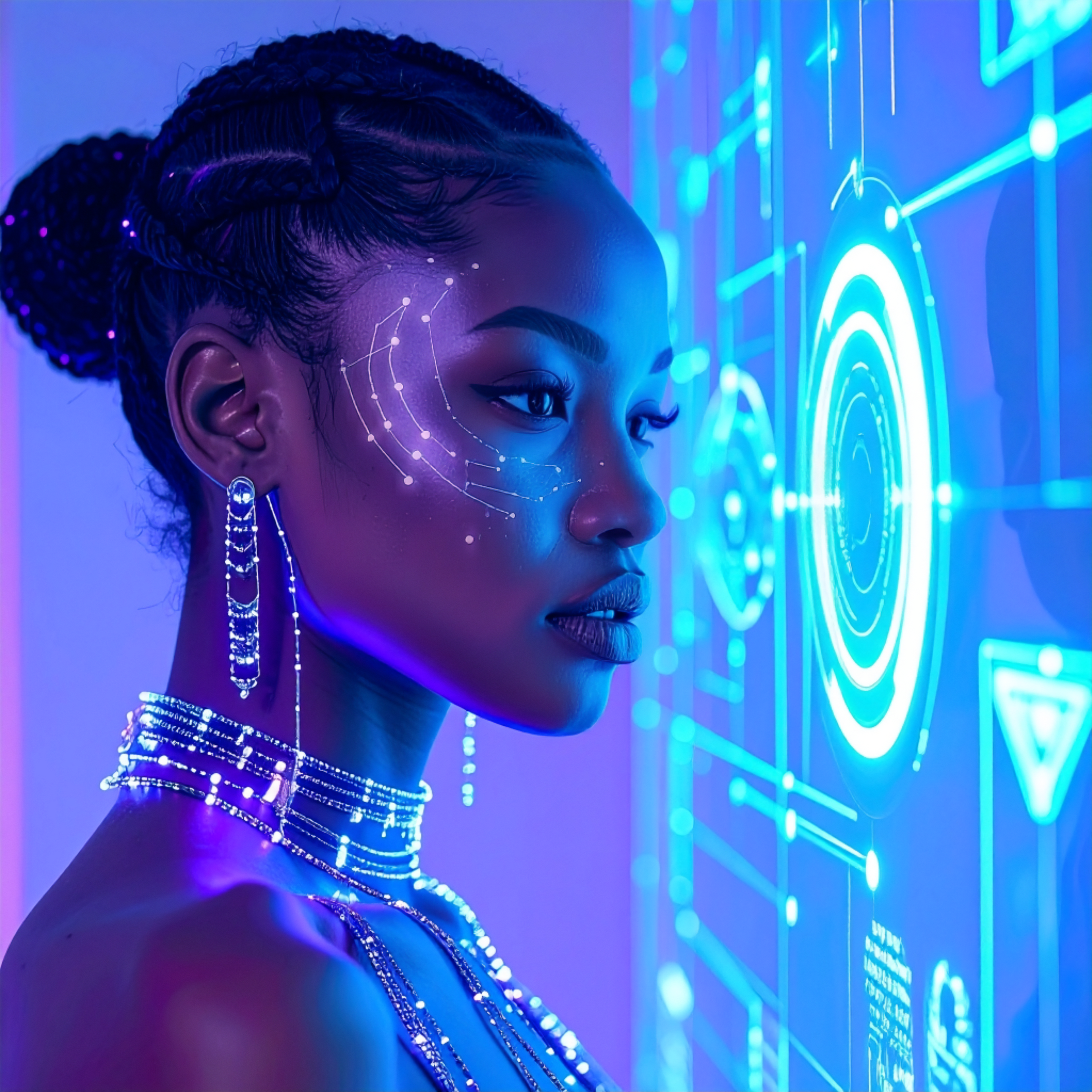 Modern Urania: a muse of digital astronomy, whose beauty is enhanced by constellations of light and technological gems created with artificial intelligence.