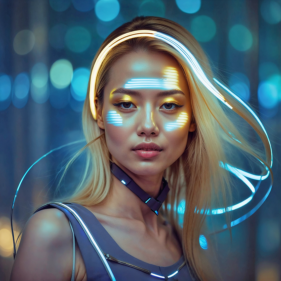 Portrait of a woman in the digital age, her identity augmented by luminous interfaces projected onto her skin and clothing created with artificial intelligence.