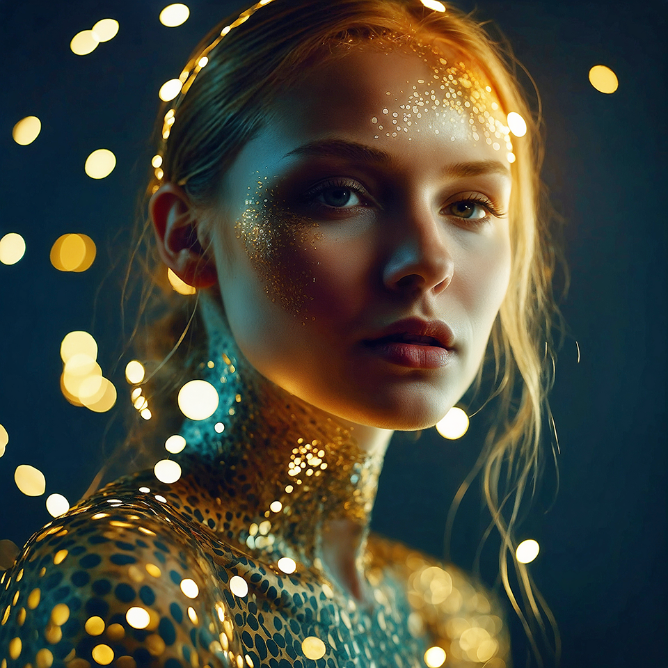 Portrait of a modern nymph or goddess, her body adorned with gold and light like a living constellation created with artificial intelligence.