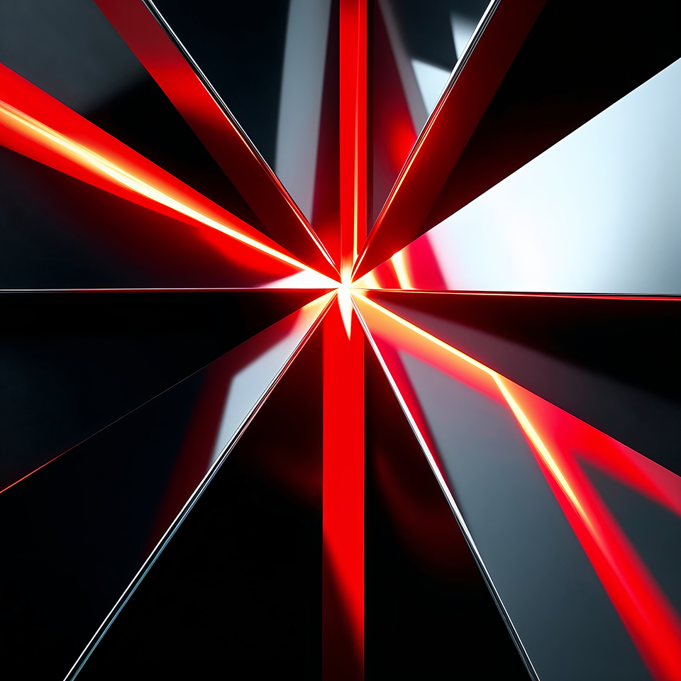 An architectural structure where the raw power of red light fractures black solids, symbolizing energy, disruption, and innovation created with artificial intelligence.