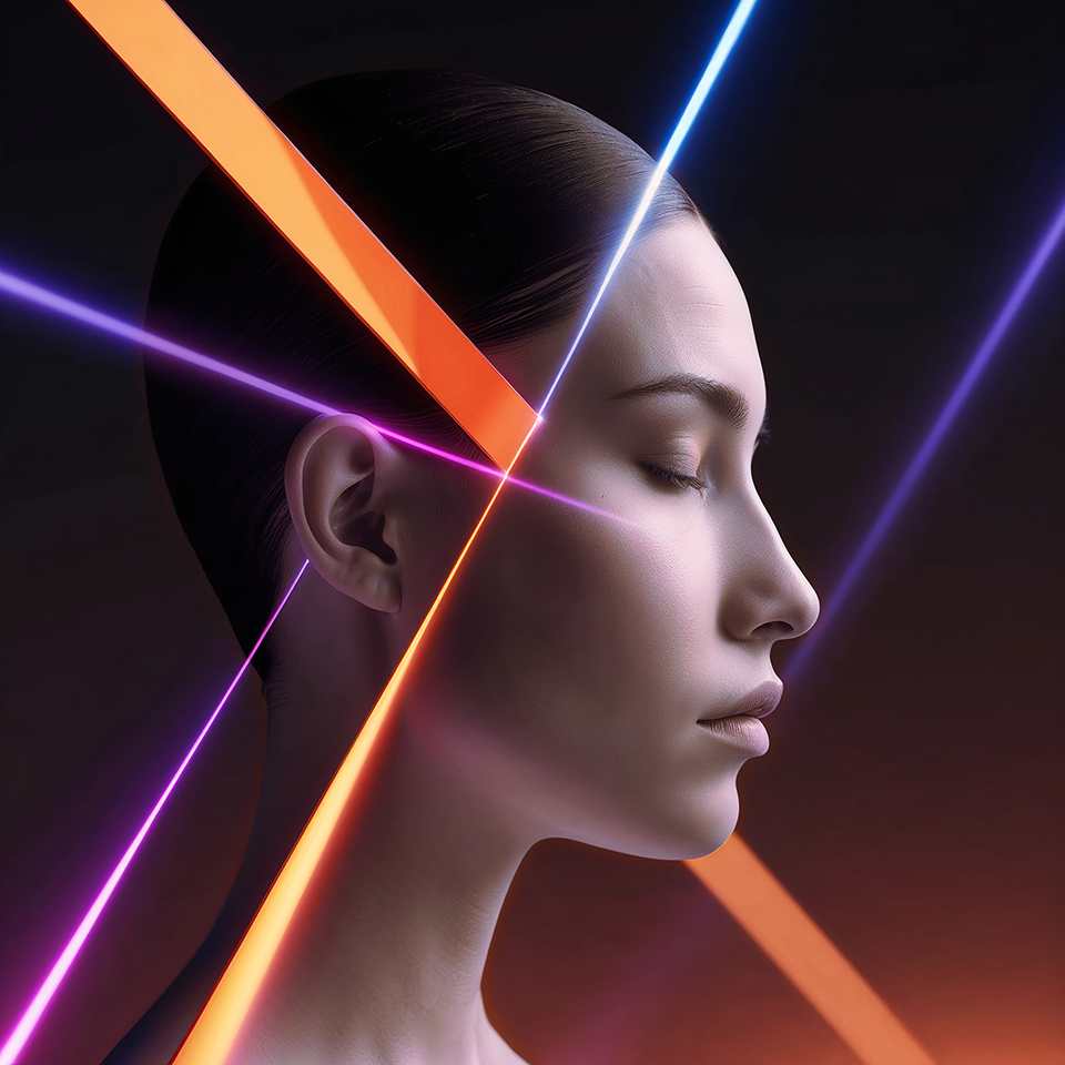A portrait where serene beauty meets the energy of light. A conceptual vision of technology and humanity created with artificial intelligence