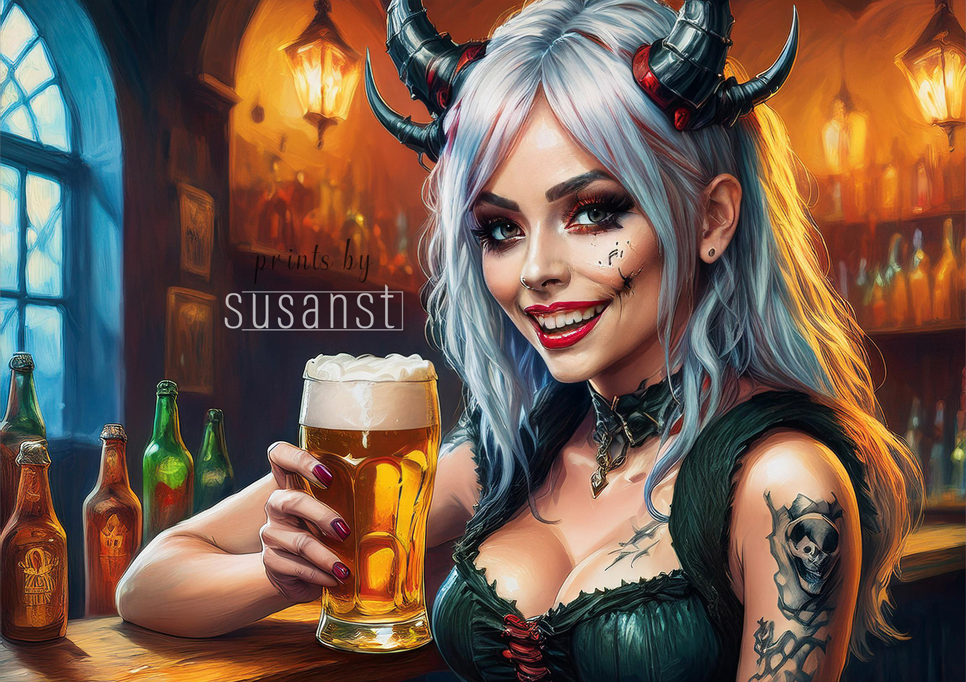 Demon woman drinking beer