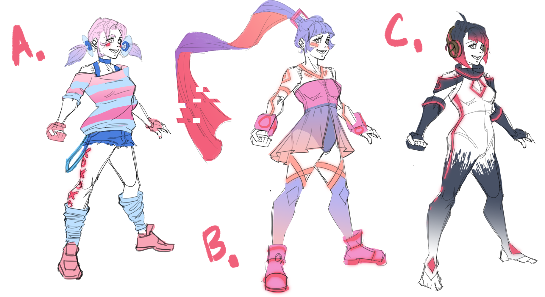 Initial concepts of Amelia with color blocking.