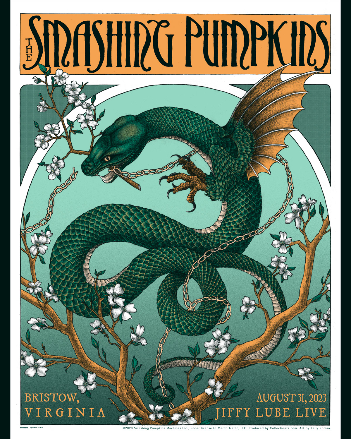 Official concert poster I illustrated for The Smashing Pumpkins' "The World is a Vampire" 2023 Tour for their show in Bristow, Virginia. Artwork by me. Produced by Collectionzz.