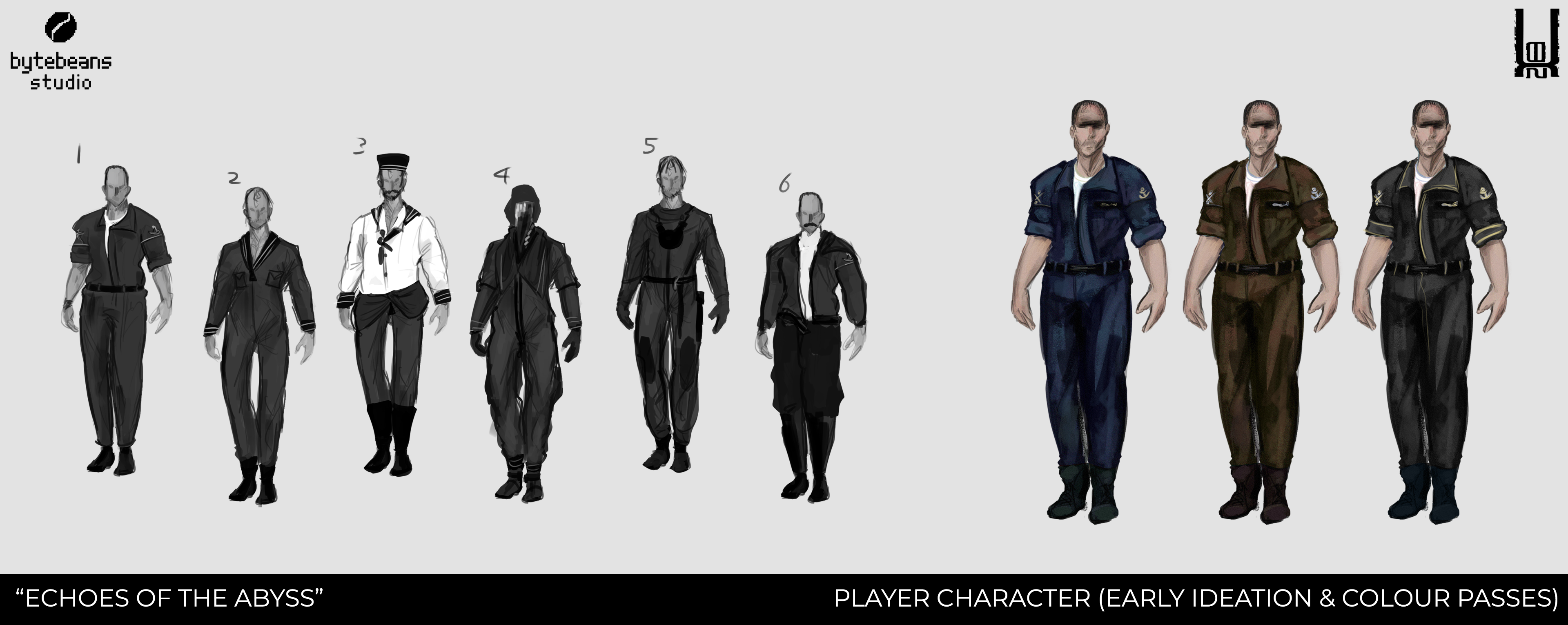 Player character concept sketches and colour passes.